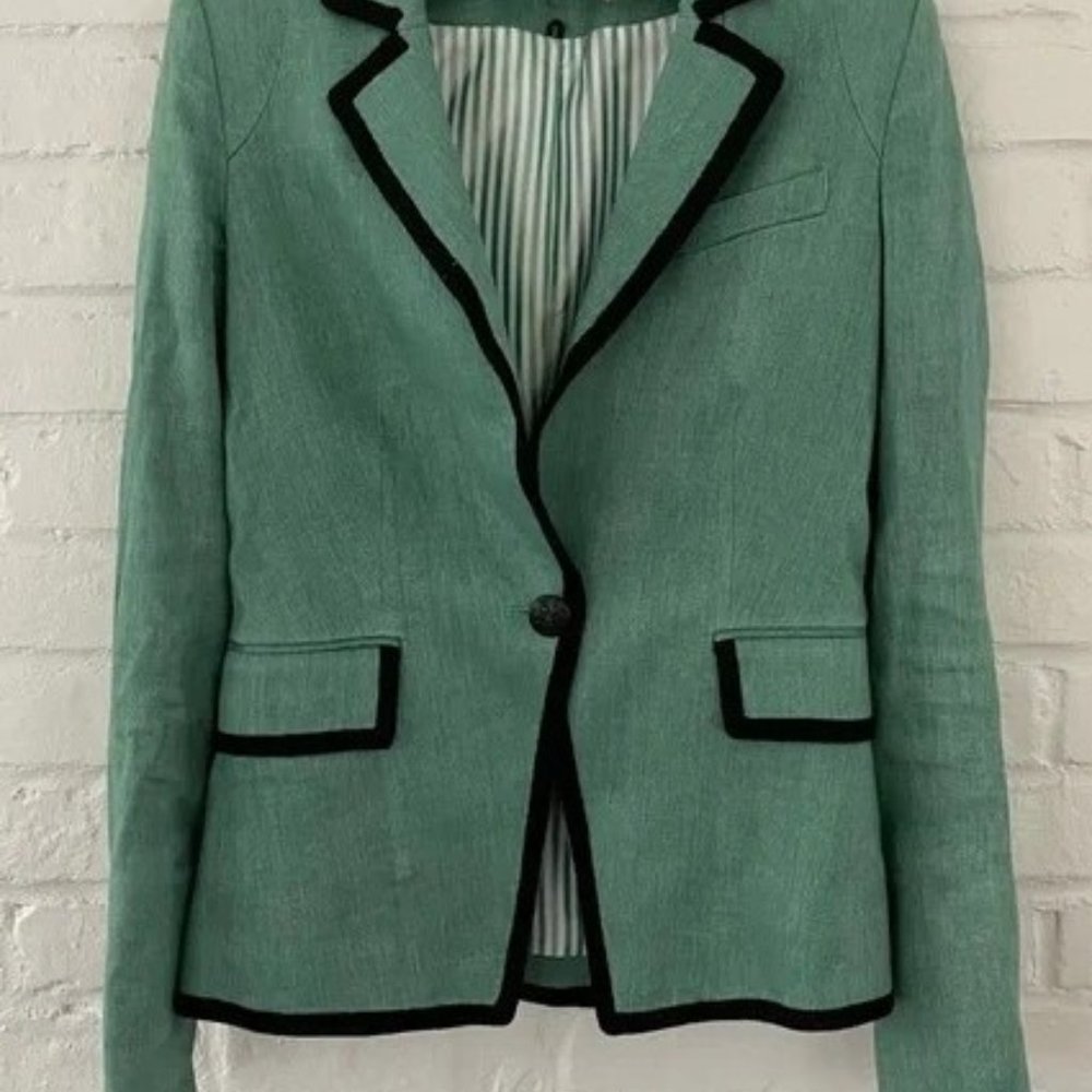 Veronica Beard Alva Linen Blend Dickey Blazer - Green w/ Black Piped Trim Jacket
